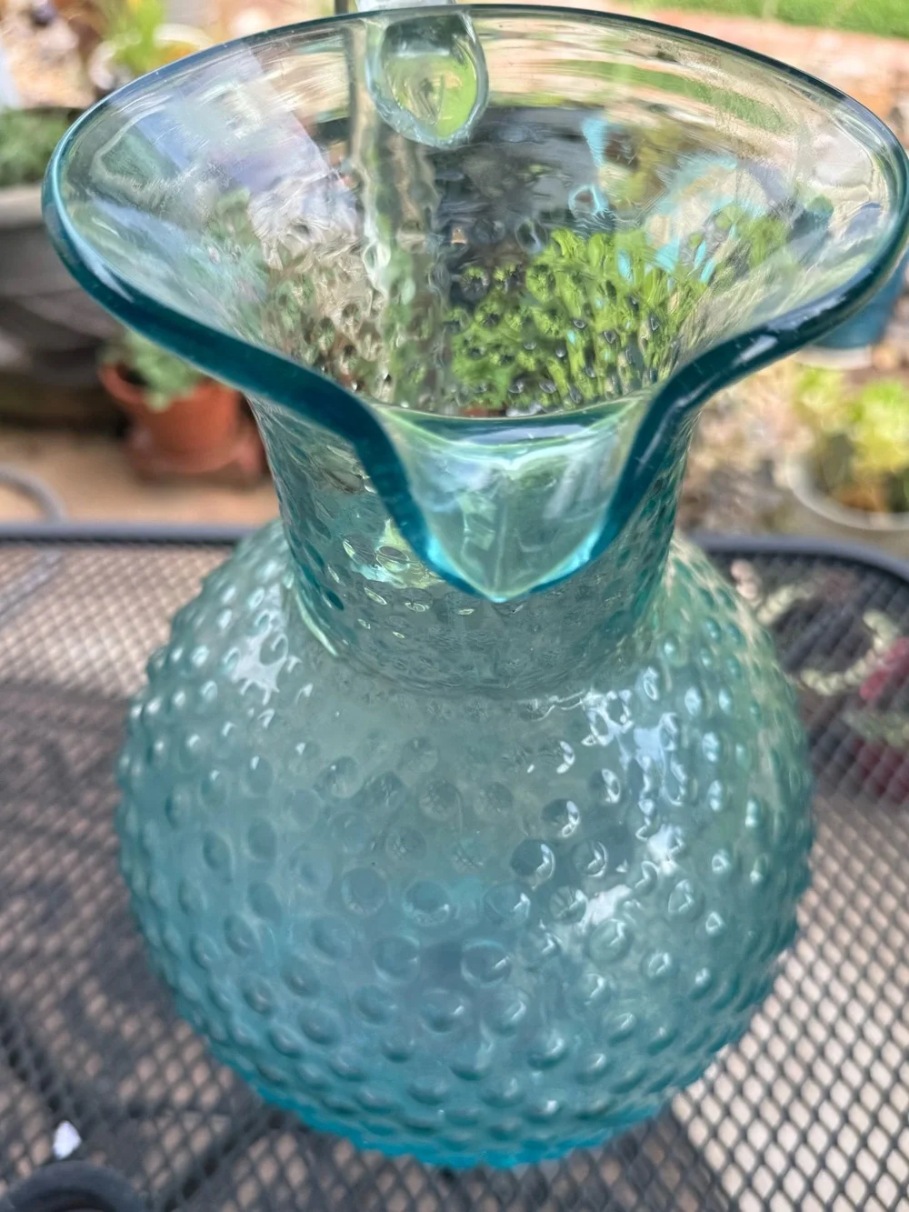 Large Hobnail Blue Turquoise Glass Pitcher 11.5 Inches 1937